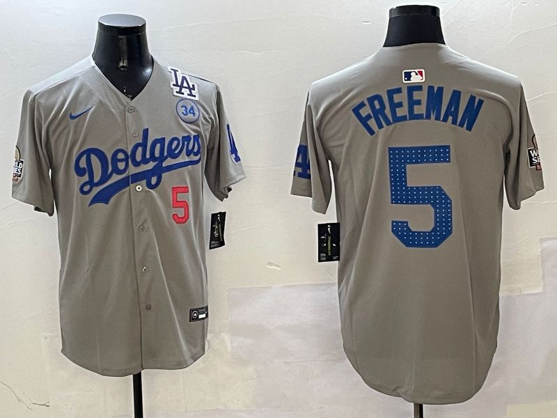 Men Los Angeles Dodgers #5 Freeman Grey Blue Fashion Game 2025 Nike MLB Jersey style 3263